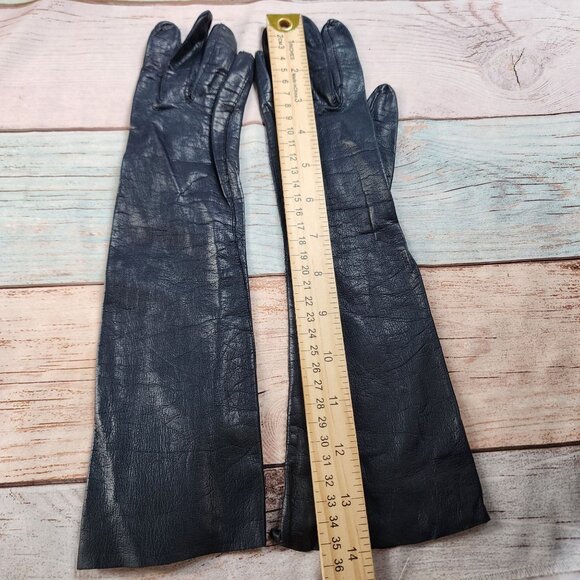 Vintage Womens Long Navy Blue Leather Gloves 6.5 - Picture 3 of 3